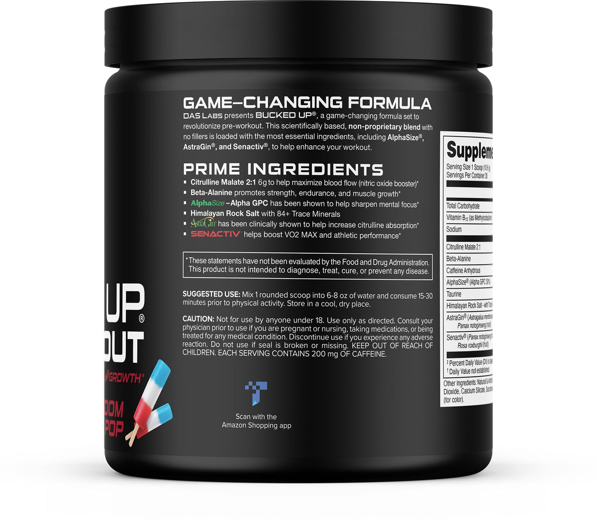 Bucked Up Pre Workout Freedom Pop | 200mg Caffeine with Citrulline Malate Beta Alanine AlphaSize and Taurine | Pre Workout Powder (30 Servings)