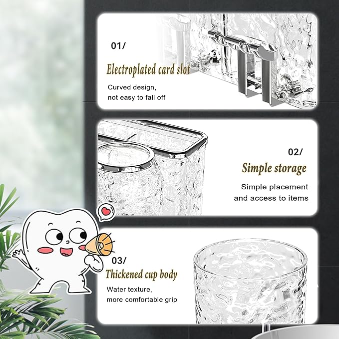 Toothbrush Holders Combo Set for Bathroom，3 Cups Toothbrush Holder Wall Mounted with Organizer，Gift 3 Count Ultra Fine Soft Bristle Crystal Tooth Brush and Wall Mounted Toothpaste Squeezer