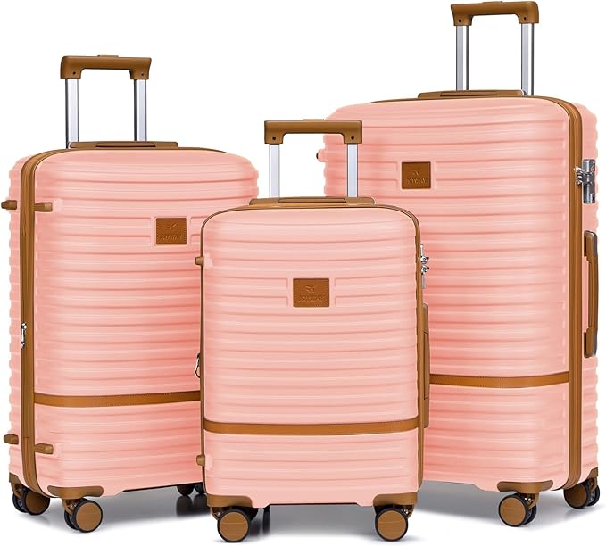 Joyway Luggage Set 3 Piece Suitcase Sets with Spinner Wheel,Hardside Expandable Travel Laggage with TSA Lock (20/24/28 Pink brown