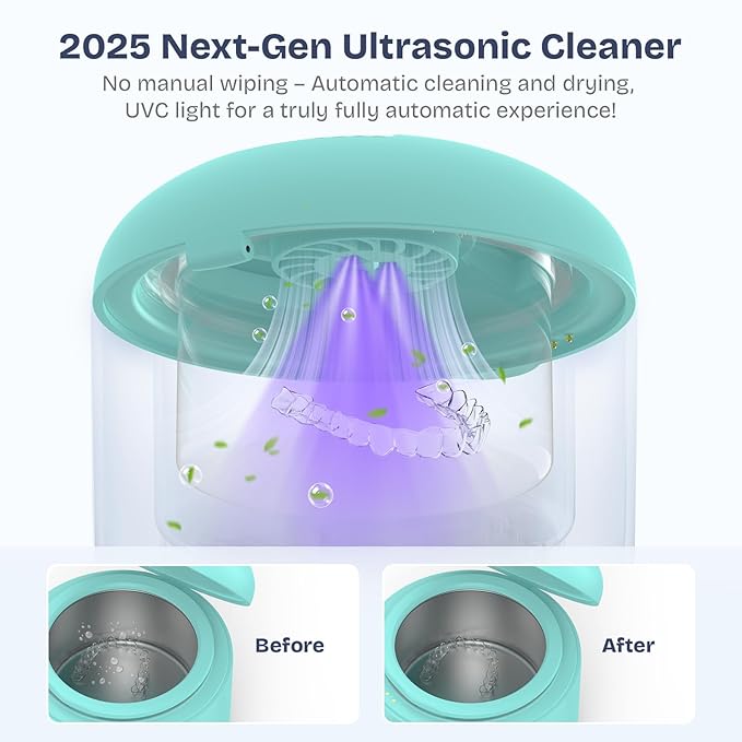 2025 Ultrasonic Retainer Cleaner- 45KHz 25W Portable Denture Cleaner with Drying Function and Removable Inner for Dentures, Mouth Guards, Aligners, Jewelry and More (Blue)