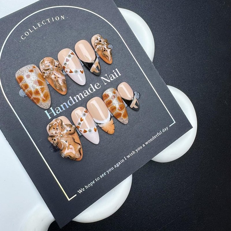100% Handmade Press on Nails Fall Medium Almond Handmade Nails with Rhinestone Flower Charm Design Brown False Nails Leopard Print Nail Press ons Reusable Acrylic Nail for Women Girls Size L 10Pcs