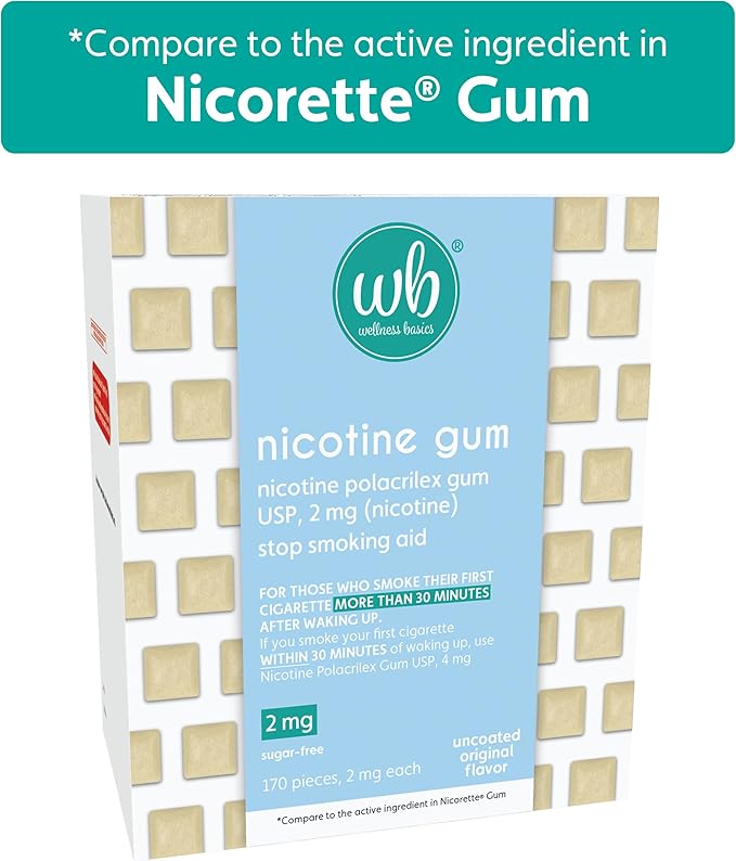 Wellness Basics Uncoated Nicotine Gum 2mg | Stop-Smoking Aid | Original Flavor | 170 Count | Reduces Withdrawal Symptoms