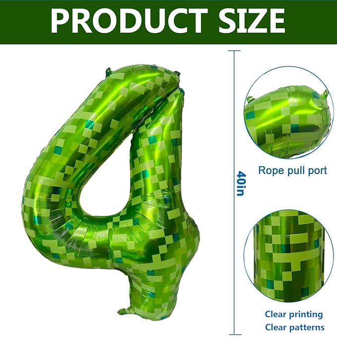 Green Number Balloons, Gaint Green Pixel Number 4 Balloon 40 Inch Dark green 4 Balloon for Boys Girls Kids 4th Birthday Party Decoration