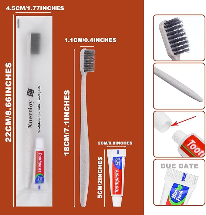 Xuezoioy Disposable Toothbrushes with Toothpaste,60Pack Apricot Individually Wrapped Disposable Travel Toothbrushes Kit in Bulk for Homeless,Nursing Home,Hotel,Charity