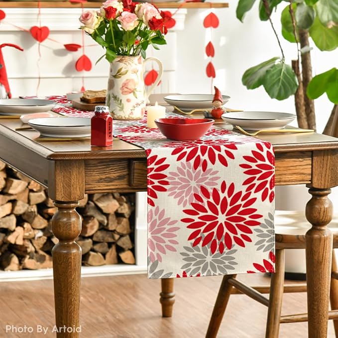 Artoid Mode Red Pink Dahlia Floral Pinnata Christmas Table Runner, Valentine Summer Kitchen Dining Table Decoration for Home Party Decor 13x90 Inch