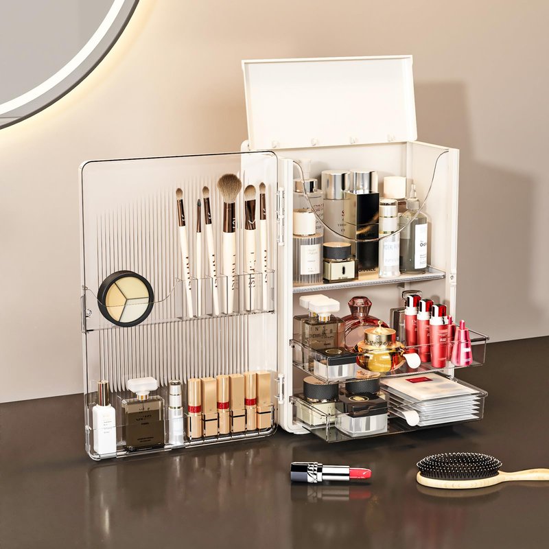 MORNITE Makeup Organizer with Drawers for Vanity & Bathroom, Cosmetic Storage Cabinet for Skincare, Beauty, Brushes, Perfume. Large Countertop Display Case with Cover Lid, Cream White