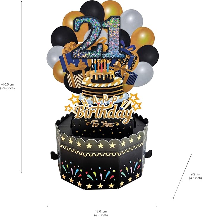 21st Birthday Cards 3D Popup Birthday Greeting Cards - Birthday Greeting Card for Girls and Boys, with Blank Note and Envelope Included (Black Gold)