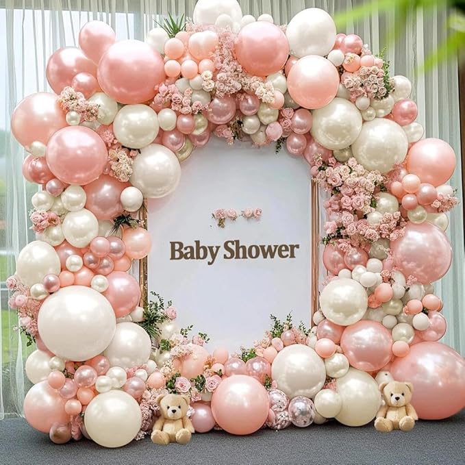 Pastel Pink White Balloon Arch Double Stuffed Light Pearl Blush Pink Cream Beige Peach Balloon Garland Kit for Birthday Wedding Baby in Bloom Baby Shower Bridal Princess Valentine's Day Party Decor