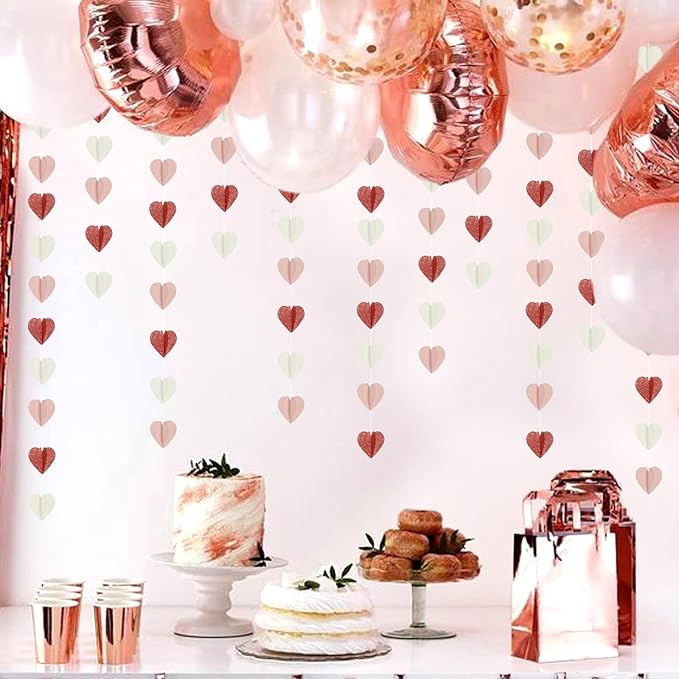 Rose-Gold Pink White Galentines-Decorations Heart Garland - 39Ft 3D Valentines Day Party Hanging Paper Streamers Banner,Engagement Wedding Bachelorette Baby Bridal Shower Mothers Decor Ouruola