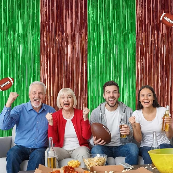 2Pack Football Party Decorations, 3.3 FT x 6.6 FT Tinsel Backdrop, Brown Green Foil Fringe Curtains Metallic Party Streamer, Football Game Day Decors 2026 Party Supplies Photo Booth Birthday Decors
