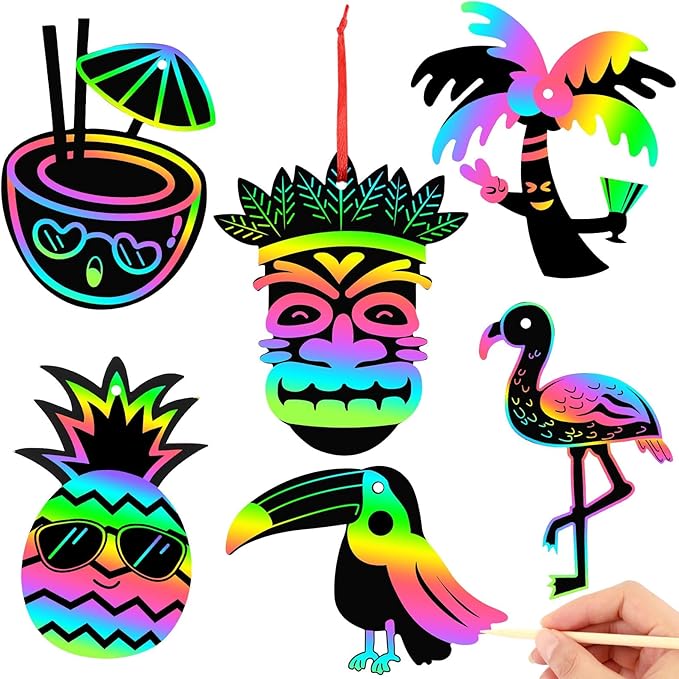 JULMELON 36 PCS Luau Crafts for Kids, Rainbow Scratch Art for Kids Luau Party Favors DIY Magic Color Tropical Hawaiian Scratch Cards for Summer Hawaiian Party Favors School Activities Luau Games