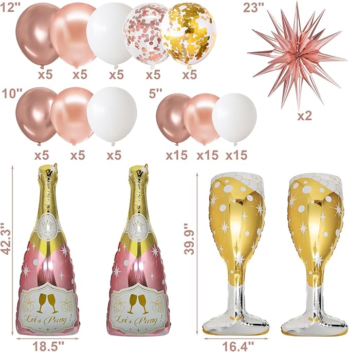 91 Pcs Rose Gold Balloons, Huge Explosion Star Balloons Champagne Bottle Goblet Aluminum Foil Balloon for Birthday, Bachelorette, Bridal Shower, Wedding, Engagement Party Decorations Supplies