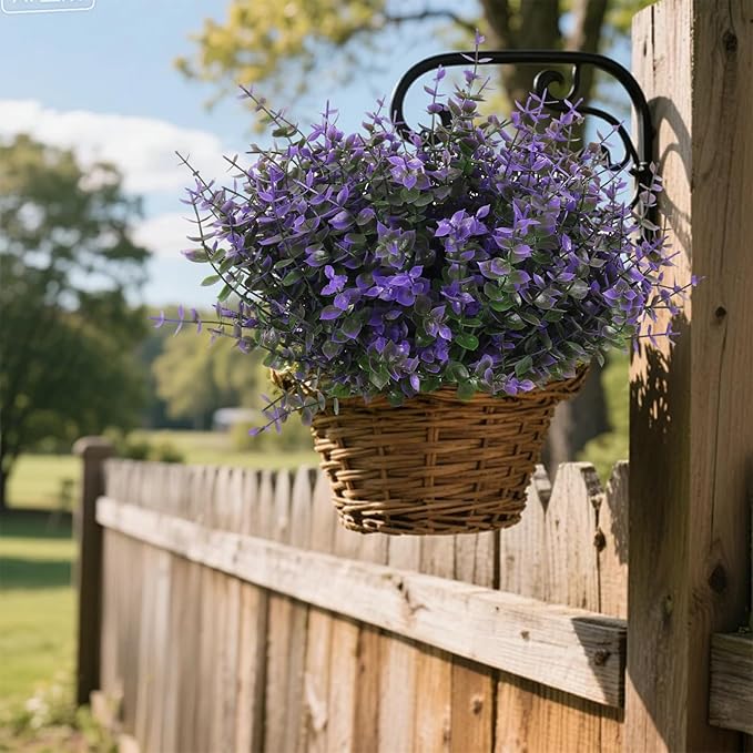 RECUTMS Fake Shrubs Flowers, 12 Bundles Faux Outdoor Plants UV Resistant Artificial Greenery Eucalyptus Flowers Boxwood Springs Fake Plants Indoor Outside Hanging Planter Home Garden Decor (Purple)