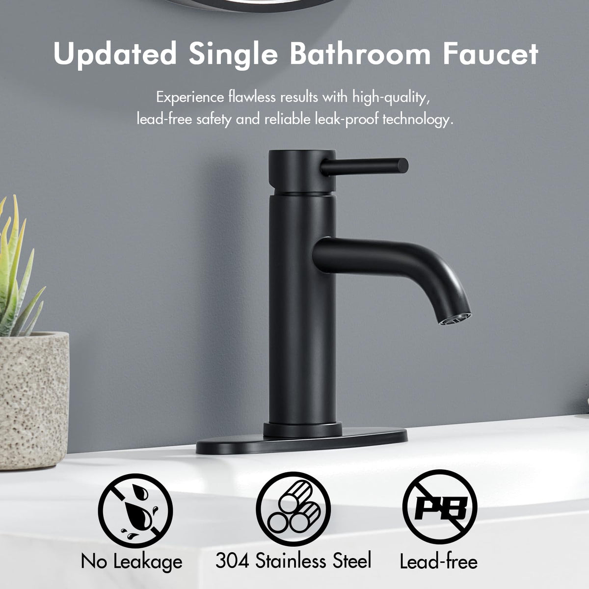 WINKEAR Black Bathroom Faucet, Single Hole Bathroom Faucet Stainless Steel