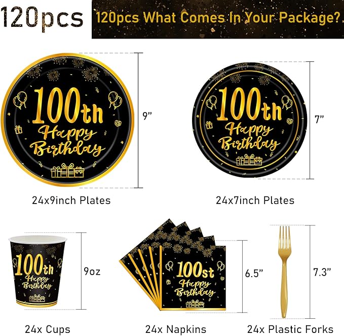 120Pcs 100th Birthday Party Supplies Plates Napkins Cups Forks Tableware Set Gold Black Happy 100th Birthday Themed Disposable Tableware Decoration Serves 24 Guests for Men Women 100 Years Old