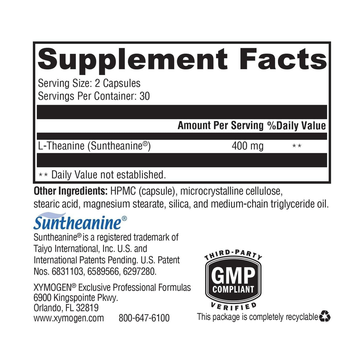 XYMOGEN L-Theanine - 400 mg as Suntheanine - Relaxation, Focus & Stress Support - Amino Acid Supplement - Non-Drowsy - Vegetarian, Non-GMO & Gluten-Free - 60 Capsules