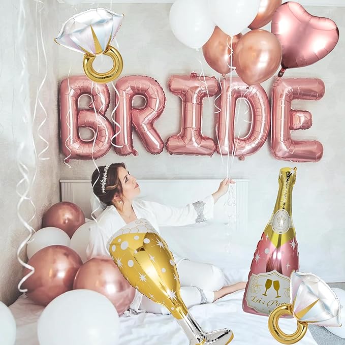 9 Pcs Bride Balloons, Huge Rose Gold Champagne Bottle Goblet Aluminum Foil Balloons for Birthday, Bachelorette, Bridal Shower, Wedding, Anniversary, Engagement Party Decorations Supplies
