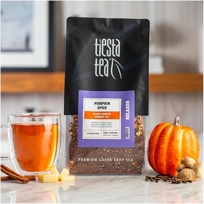 Tiesta Tea - Pumpkin Spice Rooibos Loose Leaf Tea, Premium Caffeine-Free Herbal Infusion, Brew Hot or Iced, Makes up to 200 Cups, Resealable Bulk Pouch, 16 Ounce