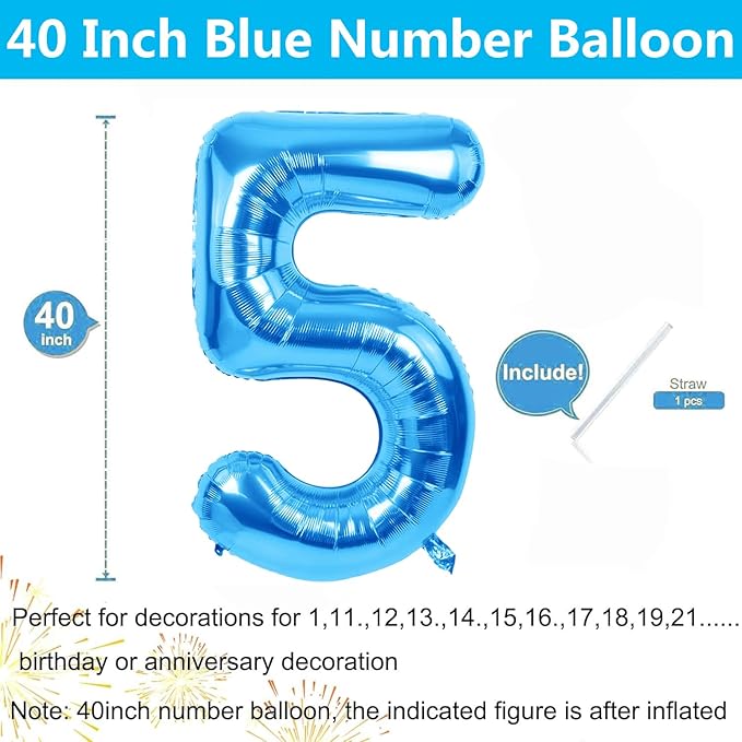 40 inch Blue Number Balloon Giant Foil Helium Balloons Blue Number 5 Balloon for 5th Birthday Party Decorations