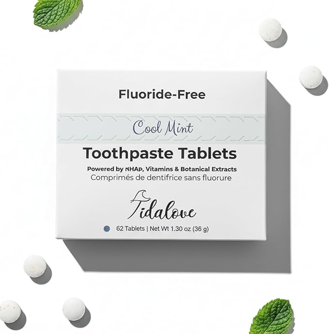Cool Mint Fluoride-Free Toothpaste Tablets with Nano Hydroxyapatite | Natural Whitening, Enamel Strengthening, Plastic-Free & Travel-Friendly (1 Month Refill) 62 Tablets
