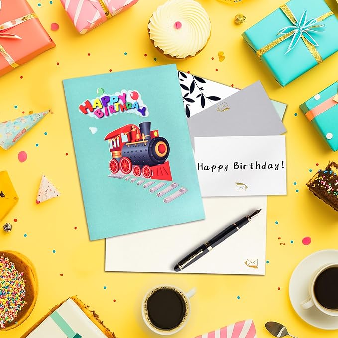 GREETING ART Happy Birthday Train Pop Up Card,3D Greeting Card for Birthday, Pop Up Birthday Card for Kids Boys Men Grandson Friends Daughter Son (Train Birthday Card)