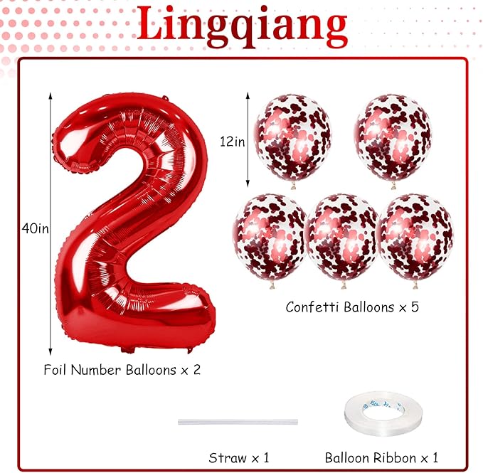 Red 20 Balloon Number, 40 Inch 20th Birthday Balloons with Confetti Helium Latex Balloons, Jumbo Digital 0 and 2 Mylar Foil Balloons for Boys Girls 2nd 20th Birthday Anniversary Party Decorations