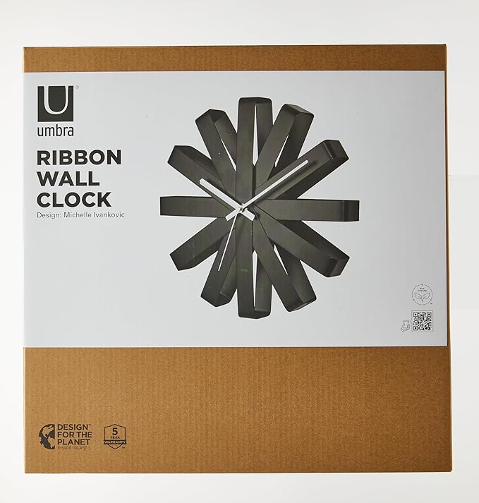 Umbra Ribbon Modern 12-inch Wall Clock, Battery Operated Quartz Movement, Silent Non Ticking Wall Clocks, Black