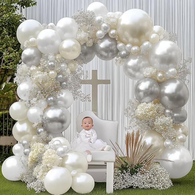 White and Silver Balloon Garland - Double Stuffed Pearl Sand White Silver Balloons Arch Kit 5 12 18 inch for Birthday Graduation Bar Mitzvah Bachelorette Wedding Baby Shower Party Decoration
