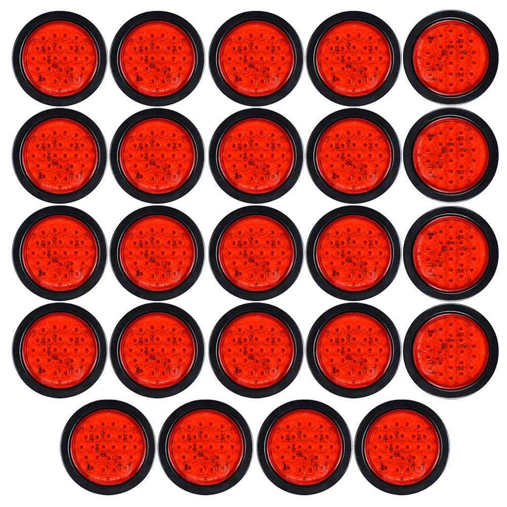 (24X) 4 Inch Round 24-LED RED Running Brake Stop Tail Lights w/Grommet Wiring Plug For Car Truck Trailer RV DC 12V