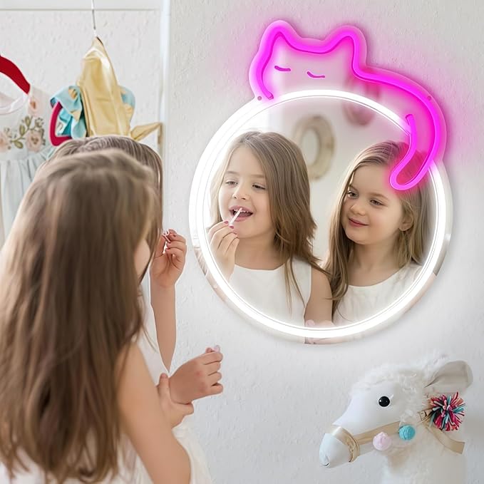 LED Mirror Neon Lights Light Up Dressing Mirror Cat/Shine Heart/Bat/Butterfly Shape Neon Mirror Sign for Modern Home Girl Room Bathroom Salon Wall Art Decor Gift For Girlfriend USB Powered