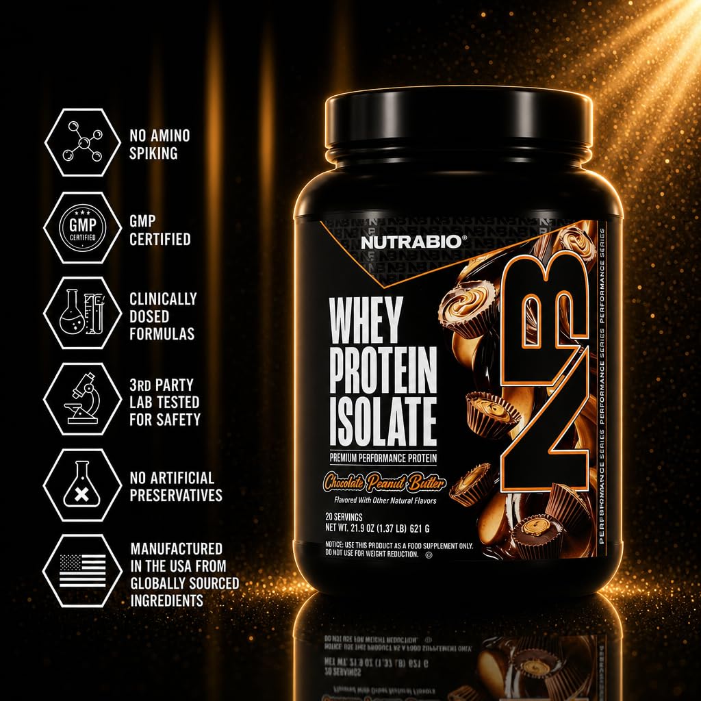 NutraBio 100% Whey Protein Isolate Protein Powder, 25g Protein with Complete Amino Acid Profile, Non-GMO, Soy & Gluten Free,Low Carb,Low Calorie Whey Protein Powder,Chocolate Peanut Butter,20 Servings