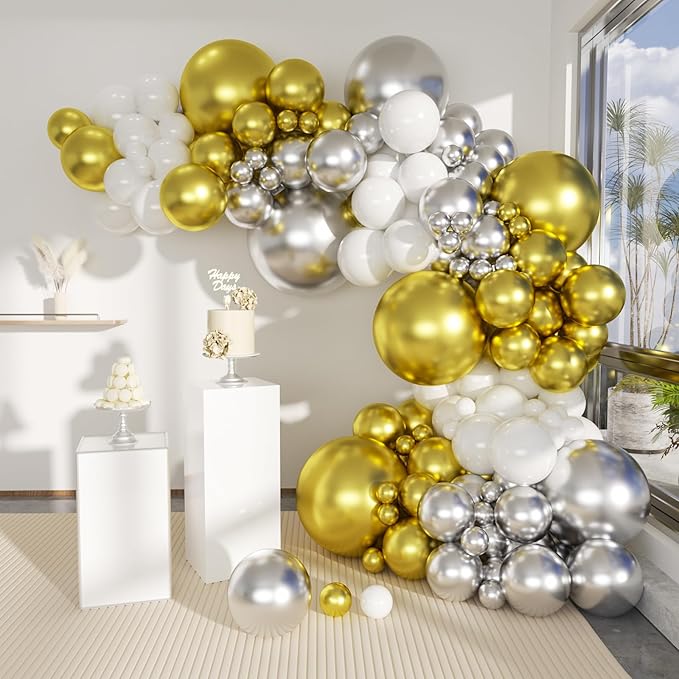 127pcs Silver Gold White Latex Balloons Garland Arch Kit 18in 12in 10in 5in for Birthday Baby Shower Wedding Graduation Party Decors (Silver Gold White)