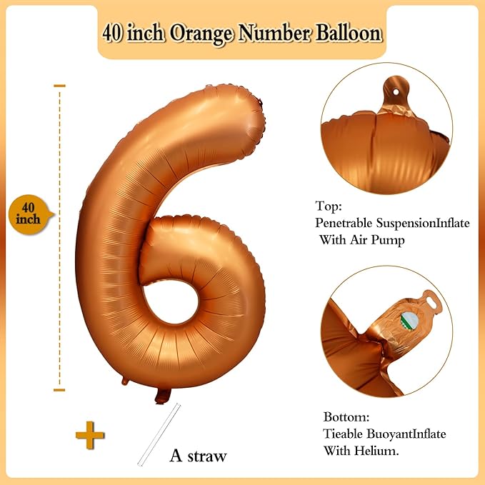 40 inch Orange Number Balloon Giant Foil Helium Balloons for 6th Birthday Party Decorations