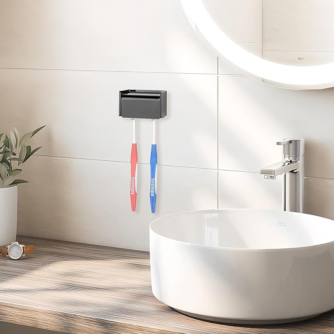 Toothbrush Holder Wall Mounted with Cover for Bathroom, 2 Slots Toothbrush Storage Organizer for Shower, Self Adhesive Toothbrush Hanger Rack for Dorm, Cabinet (Black)