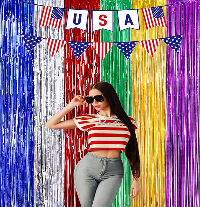 2 Pack 3.3ft×6.6ft Rainbow Photo Backdrop Tinsel Foil Fringe Curtains Backdrop Door Streamers Birthday Mardi 4th of July Party Decoration
