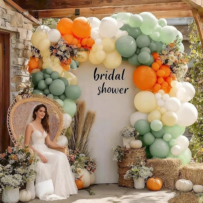 Dusty Green Orange White Balloon Garland, Double Stuffed Burnt Orange Sage Green Ivory Yellow Balloons Arch Kit for Baby Shower Gender Reveal Easter Birthday Safari Jungle Party Decorations