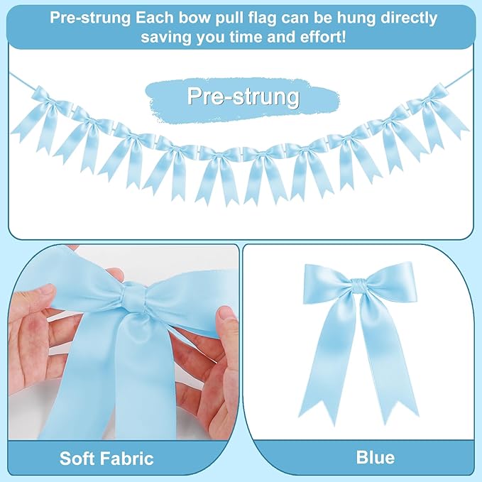 Baby Blue Bow Garland Bow Banner Bow Party Decorations Pre-Strung Large Coquette Satin Ribbon for Birthday Bachelorette Party Bridal Shower Wedding Engagement Baby Shower