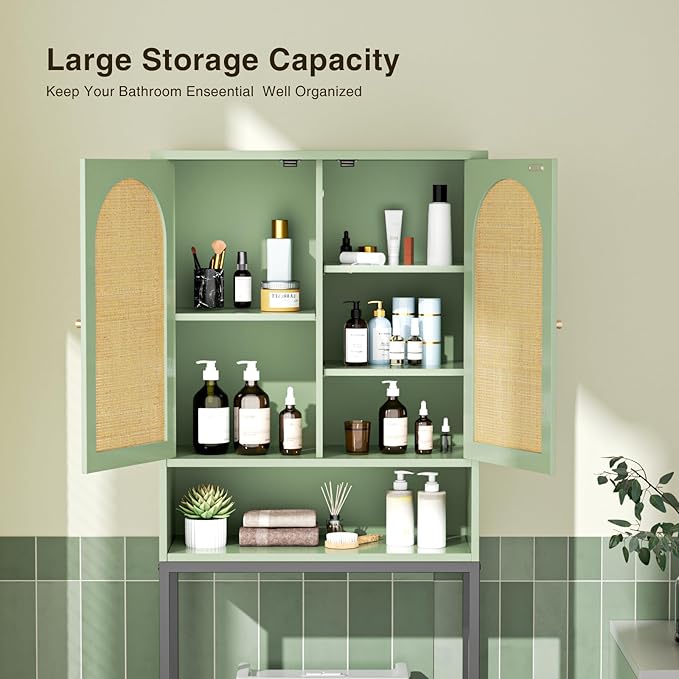 Rattan Over The Toilet Storage Cabinet, Bathroom Organizers and Storage Over Toilet with Rattan Door and Metal Stand, Tall Storage Shelves Above Toilet, Wood Rack for Restroom, Laundry, Foam Green