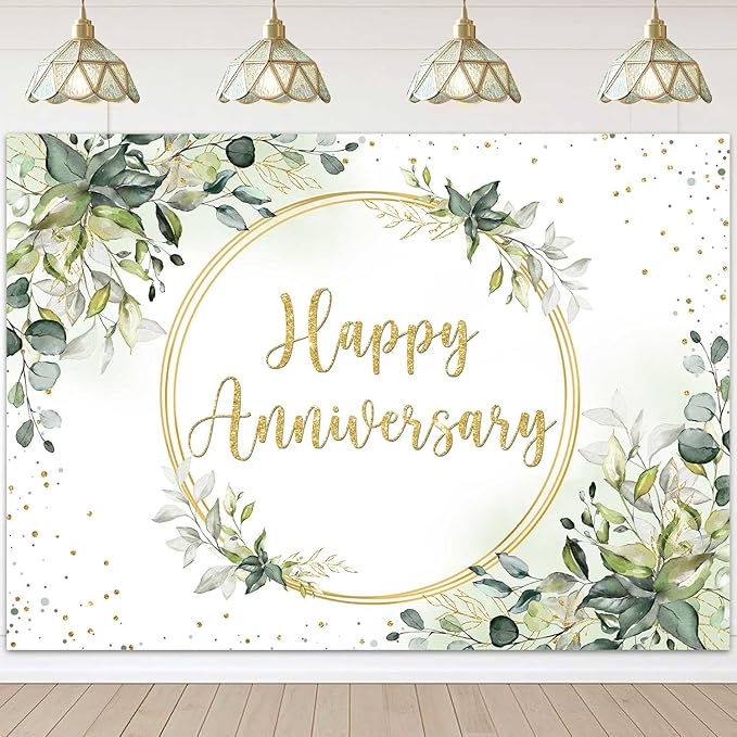 Sensfun 8x6ft Happy Anniversary Backdrop Sage Green Eucalyptus Wedding Anniversary Party Decorations Greenery Marriage Memorial Day Cheers to 10 Years 25th 40th 50th Wedding Day Banner