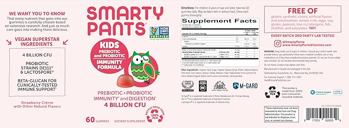SmartyPants Kids Probiotic & Prebiotic Gummies for Digestive Health: Gut Health Supplement, Clinically Studied Prebiotic for Immune Support, Strawberry, 60 Count (30 Day Supply)