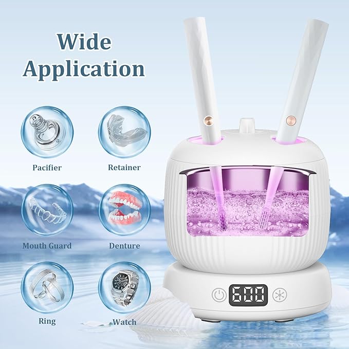 50kHz Ultrasonic Retainer Cleaner Machine for Travel & Home, Portable Denture Cleaner with Removable Base, 4 Modes Timer, Dental Cleaning Pod for Aligners, Braces, Mouth Guard, Jewelry, Toothbrush