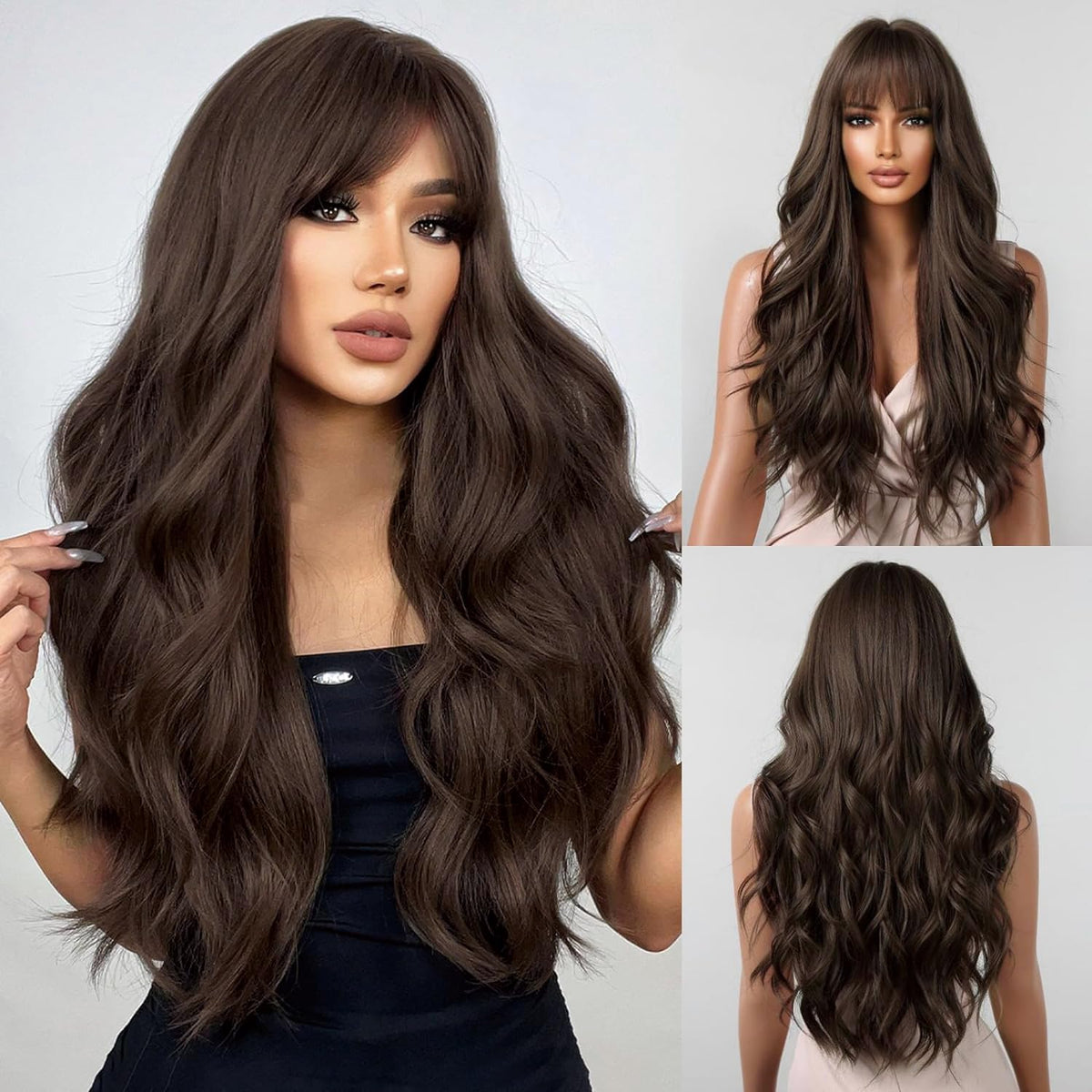 YOUGRACE Dark Brown Wig with Bangs, Wavy Wigs for Women Synthetic Hair Wig for Daily Party Use 26 Inch