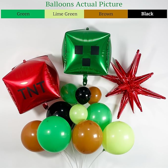 140Pcs Green Balloon Arch Garland Kit with Lime Green Brown Black Square Star Foil Balloons for Gaming Theme Party Decor, Birthday Party Supplies, Kids' Party Crafts and Decorations