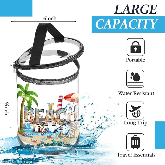 Sanwuta Beach Gifts Heavy Duty Clear Lotion Toiletry Bags for Travel Sunscreen Makeup Cosmetic Pouch Cylinder Bag Waterproof Portable Trip Bag with Handle Zipper(Beach Life)
