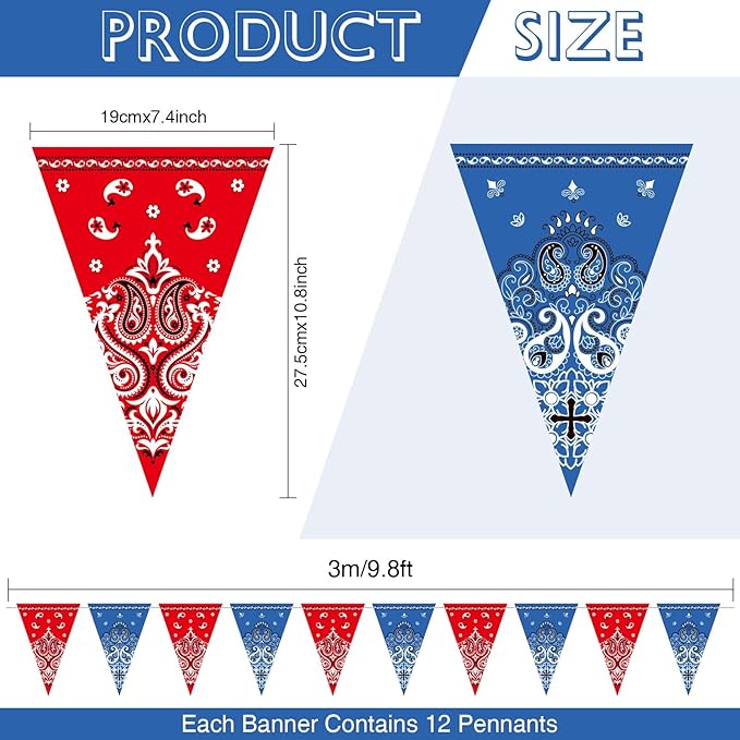 Boao 5 Pack Western Cowboy Party Decorations Bandana Pennant Banner Wild West Decor Western Cowboy Themed Yee Haw Country Party Decoration Supplies 9.8 x 5 ft(Red, Blue)