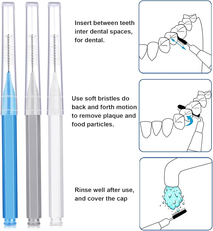 Patelai 100 Pieces Braces Brush for Cleaner Interdental Brush Toothpick Dental Tooth Flossing Head Oral Dental Hygiene Flosser Toothpick Cleaners Tooth Cleaning Tool(Blue, Grey, White,Various Sizes)