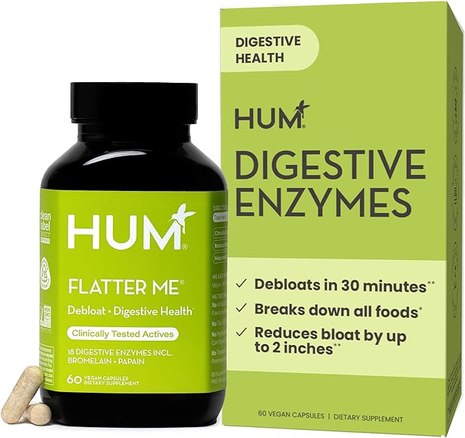 HUM Flatter Me Digestive Enzymes for Women & Men, Digestive Health Bloating Supplement with Ginger & Peppermint Leaf, Fast Acting Anti Bloat Pills Multi Enzyme for Debloating, Vegan, 60 Capsules