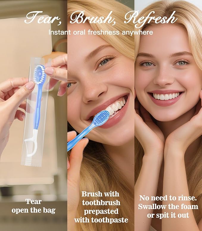 24 Pack 5 in 1 Disposable Mini Toothbrushes with Toothpaste, Floss, Pick & Tongue Scraper, Individually Wrapped, Portable Toothbrush Travel Set for Kids Adults, Mint Flavor