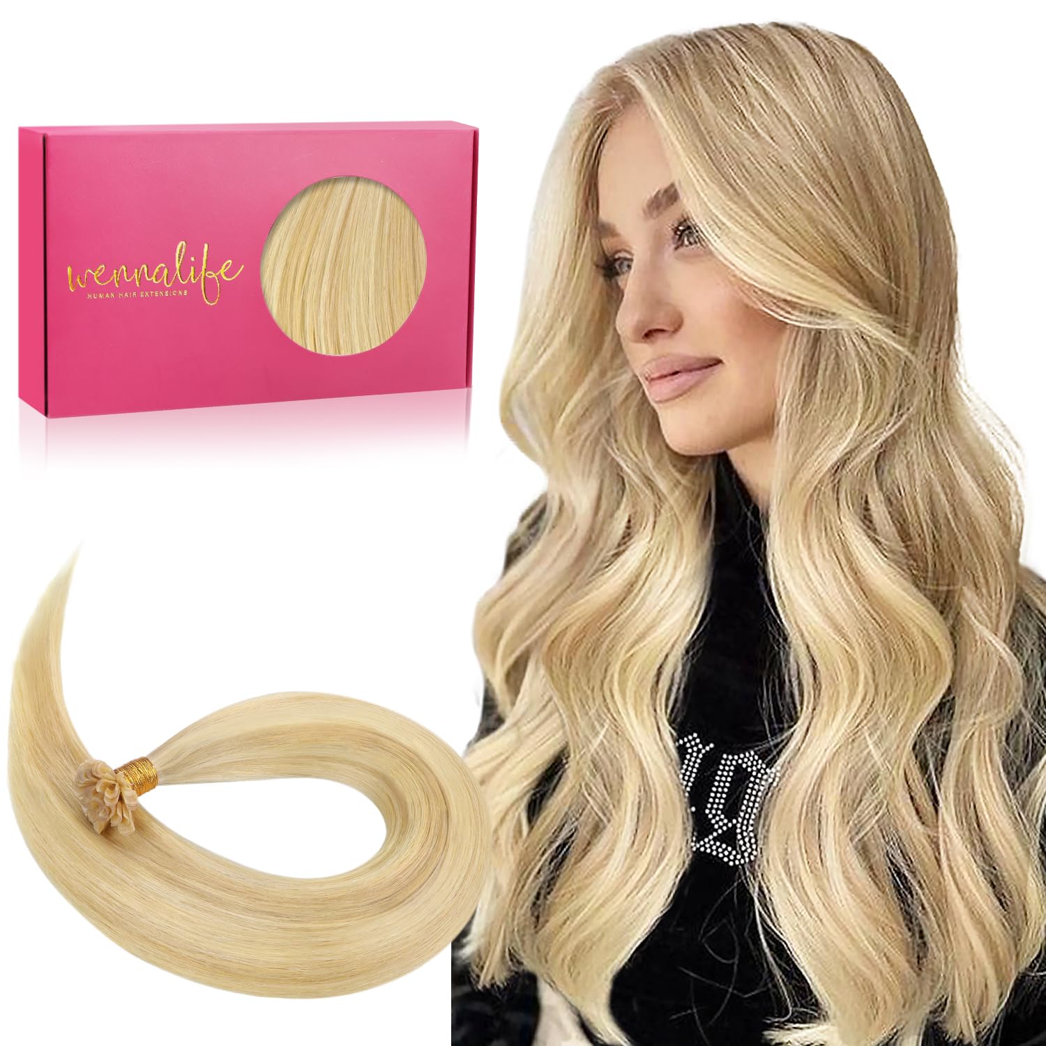 WENNALIFE U Tip Hair Extensions Human Hair, 50g 50s 14 Inch Light Blonde Highlighted Golden Blonde Remy Hair K Tip Hair Extension Real Human Hair Invisible Straight Keratin Hair Extensions