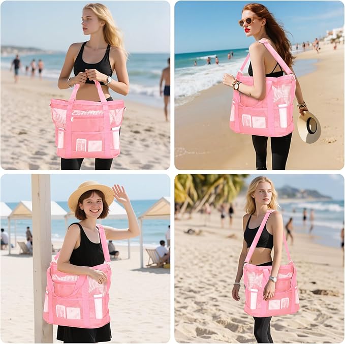 Mesh Beach Bags for Family - Women Beach Tote Bag for Toys, Towels, Travel Vacation Cruise Essentials